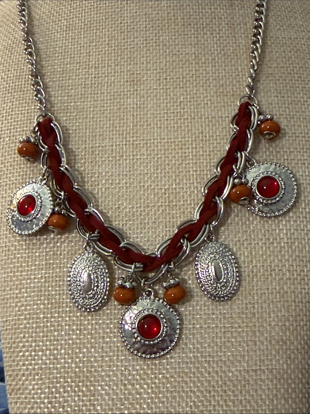 Christopher & Banks Red and Tan Silver Charm Necklace